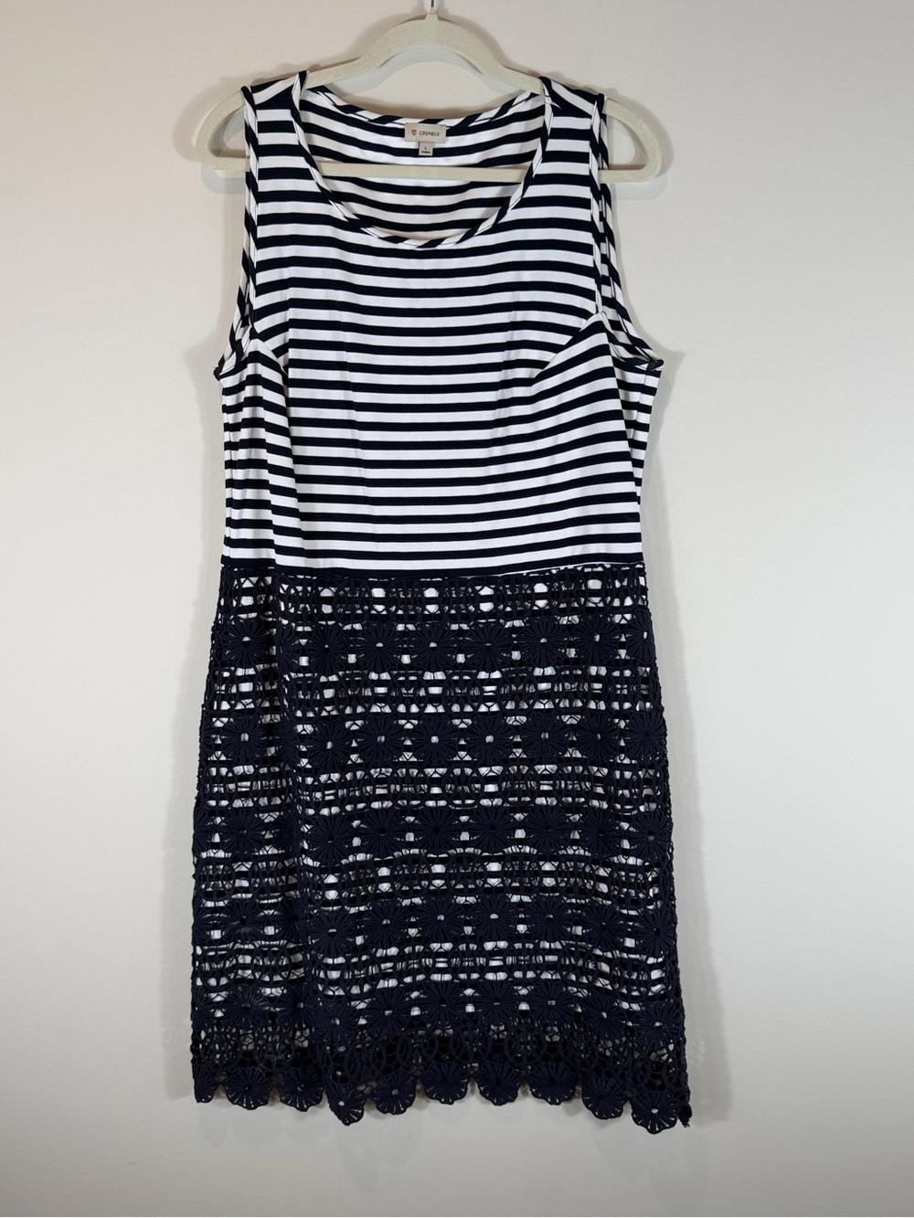 Daniel Cremieux Navy & White Striped Knit Dress with Crochet Lace Skirt Large